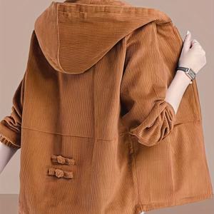TEMU 2025 봄가을 한국 스타일 코듀로이 후드 지퍼 재킷 - 루즈핏 캐주얼 시크 카디건, 앞포켓 여성용 긴소매 솔리드 컬러 다용도 아우터웨어