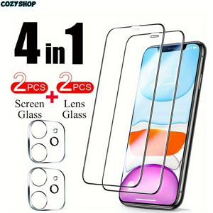 TEMU 아이폰 11/12/13/14/16/16e/17Air/17/Plus/Pro/Pro Max 시리즈용 2+2개 세트 완전 커버 블랙 에지 강화 유리 스크린 & 카메라 케이스, 버블 프리 마운팅, 휴대폰 보호, 모던 액세서리, 디자인, 내구성 소재, 방수 기능, 가젯 러버를 위한 보호 커버, 모바일 프로텍션