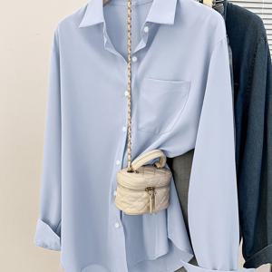 TEMU 여성용 우아한 긴팔 블라우스 - 클래식 버튼 프론트 셔츠 포켓 포함, 오피스 투 캐주얼 시크 탑, 사계절 일상 및 정장용 라이트 블루/네이처 컬러 - 비침 방지 전문 블라우스, 다용도 상의, 시대를 초월한 디자인, 고품질 스티칭, 버튼업 탑, 직장인 여성용 셔츠, 여성용 셔츠, 노란색 여성용 셔츠, 긴팔 여성용 셔츠, 여성용 우아한 블라우스