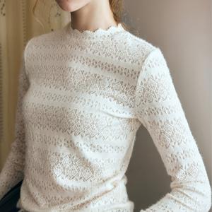 TEMU 여성용 우아한 레이스 블라우스 - 긴 소매 반투명 레이어드 탑, 스탠드 칼라 & 러플 레이스 소매 장식, 솔리드 화이트 겨울 블라우스, 가을/겨울용, 캐주얼에서 포멀까지 다양한 스타일링, 손세탁 가능 레이스 셔츠, 대조 레이스 디테일, 작은 스탠드업 칼라, 섬세한 레이스 패널, 레이어링에 적합한 시크하고 세련된 디자인, 고급스러운 블라우스