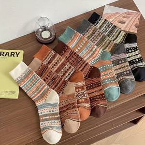 TEMU 14개 세트 (7켤레) 여성용 빈티지 미드-캐프 양말, 두꺼운 따뜻한 야외 캐주얼 양말, 가을/겨울 트라이벌 양말, 실내 및 실외 사용 가능, 남녀 공용 노벨티 양말, 레트로 기하학 패턴, 편안한 홈웨어, 손세탁 전용, 실내 양말 | 스타일 | 질감, 귀여운 겨울 양말 여성 그립, 겨울용 양말 여성 그립