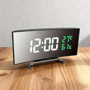 TEMU 모던 대형 LED 디지털 시계 - 화이트/그린 디스플레이, USB/(AAA), 12/24시간 모드, 싱글 벨 알람, 온도 & 습도 모니터, 사무실/침실용 독특한 모던 침대 시계 - 쉽게 읽히는 LCD 화면|시계