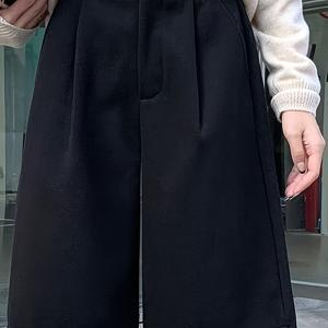 TEMU 여성용 한국 스타일 겨울 반바지 - 우아한 한국 영감 와이드 레그 미디엄 길이 모브 트라우저 (벨트 없음) 포켓 & 지퍼 클로저, 세탁기 사용 가능 논스트레치 다크 그레이/블랙 캐주얼 & 정장용 (가을/겨울)