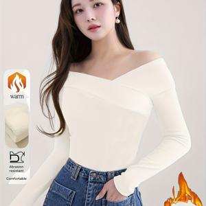 TEMU 여성용 겨울 따뜻한 슬림핏 오프숄더 티셔츠 - 긴팔 크로스넥 베이스 레이어 탑, H라인 실루엣 브라운/베이지/블랙/누드 (손세탁 가능) - 청바지, 드레스 & 블라우스에 다용도 레이어링 아이템 - 고탄력 무패딩
