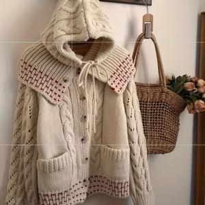 TEMU 여성 오버사이즈 후드 스웨터 - & 레드 컬러 블록 케이블 카디건, 루즈핏 긴소매 겨울 코트, 버튼 앞면, 가을/겨울용 H라인 실루엣, 캐주얼부터 세미 포멀 의상