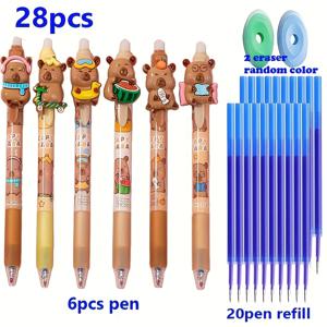 TEMU 28개 귀여운 카피바라 사이드 프레스 리트랙터블 젤펜 세트, 6개 펜 + 20개 리필 + 2개 지우개, 0.5mm 동물 테마, 지워지는 블루잉크, 편안한 그립, 빠른 건조 필기구, 사무실, 학교 용품 및 휴일 선물 (크리스마스, 할로윈 파티, 교실 보상)