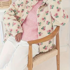 TEMU 우아한 겨울 플로럴 프린트 A라인 재킷 - 풀지퍼 프론트 & 스탠드 칼라, 부드러운 미들 탄성 소재, 겨울용 아우터코트, 캐주얼 아웃웨어 (세탁기 사용 가능) - 데일리 웨어 & 스마트 캐주얼 행사용 포근한 재킷