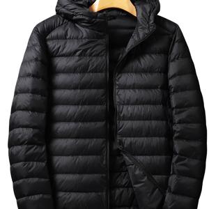 TEMU 남성용 2025 신상 후드 다운 재킷 - 가벼운 오리털 겨울 코트, 지퍼 후드, 세탁기 사용 가능, 포켓 & 나일론, 스키, 항공 여행용 - 캐주얼 아우터웨어 (단색)