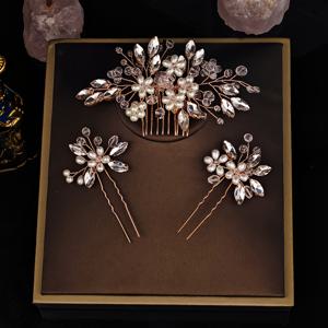 TEMU （3개/팩）숲 스타일 다용도 진주 라인스톤 꽃 수제 헤어 콤 헤어핀 세트 사진 촬영 웨딩 드레스 헤어핀 헤어 액세서리|머리핀