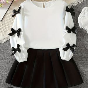 TEMU 화이트 탑과 리본 소매 + 블랙 스커트가 포함된 높은 평점의 여아용 드레스 세트 + 캐주얼 클래식 다용도 데일리 귀여운 패셔너블하고 독특한 가을/겨울 필수 아이템 십대 여학생 옷, 학교용 귀여운 탑; 여학생용 유니폼 학교; 신학기|가을원피스
