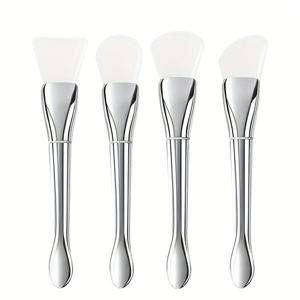 TEMU 4-피스 실리콘 얼굴 마스크 브러쉬 세트: 다기능 실버 핸들, 초박형 플랫 헤드 도포기, 파운데이션 & 팩 펴기에 완벽합니다.