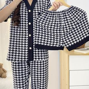 TEMU 성숙한 하운드투스 무늬 라운지 세트, 반팔 버튼 업 V넥 상의 & 신축성있는 쇼츠 & 바지, 여성용 라운지웨어|반팔셔츠|여름잠옷