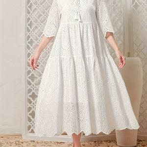 TEMU 플러스 사이즈, 플러스 사이즈 우아한 화이트 레이스 드레스 3/4 소매 & A라인 트레인 - 길이 웨딩 게스트 가운, 라운드 넥 버튼 프론트 플래킷, 드로스트링 허리 - 손세탁 가능한 논스트레치 포멀 파티 드레스