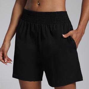 TEMU 여성용 하이웨이스트 통기성 좋은 반바지 - 솔리드 블랙, 신축성 있는 허리끈, 드로스트링, 편안한 사이즈, 사이클링 및 피트니스용 반바지