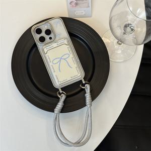 TEMU 애플 아이폰16프로맥스/아이폰16/15프로맥스/14/13/12/11/Xr/Xs/7/8/12미니/13미니 휴대폰 케이스 투명 전기도금 실버 팔찌 카드 홀더에 적합한 한국 블루 보우 카드 홀더