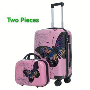 TEMU 항공사 승인된 20인치 하드사이드 기내 반입 수트케이스 2개 세트, PC+ABS 재질, 바퀴 및 콤비네이션 잠금장치 장착, 남녀 모두에게 적합한 경량 롤링 여행 가방, 나비 프린트 특징.