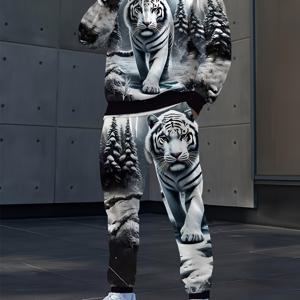 TEMU 동물 호랑이 풀바디 디지털 프린트 남성용 스웨트셔츠 숲 호랑이 프린트 캐주얼 후드 + 끈 조절 캐주얼 팬츠 2피스 세트 남녀 커플 후디 슈트