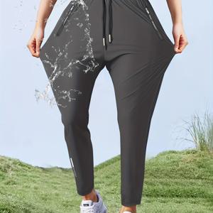 TEMU 여성용 고탄력 레그 아이스 실키 섬유 드로스트링 허리 바지. 봄, 가을 야외 캐주얼 웨어에 적합하며, 속건성 특징과 지퍼 포켓이 있습니다.