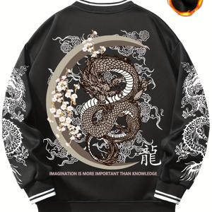 TEMU 신상 트렌디 I-패션 드래곤 시리즈 남성용 베이스볼 자켓, 가볍고 따뜻한 안감 처리 남성 자켓, 귀여운 힙합 록 스타일 탑, 캐주얼 웨어,도시 스타일,힙합 패션,락 에스테틱,고품질 스티칭,내구성 있는 원단,남성용 아우터웨어,패션 코트,캐주얼 드레서,패션 애호가