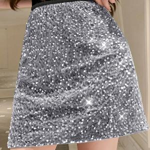 TEMU 여성용 우아한 시퀸 미니 스커트 - 하이웨이스트, 반짝이는 회색 & 흰색 파티용 스커트, 콘서트, 클럽 및 축제에 적합, 음악 축제 및 특별 행사에 완벽함, 축제 의상 | 반짝이는 스커트 | 시퀸 디테일링, 시퀸 스커트
