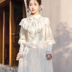 TEMU 여성용 로리타 스타일 드레스 - 우아한 A라인 긴소매, 가슴 리본 디테일, 크림 화이트 솔리드 컬러, 라운드넥 봄/가을 캐주얼~포멀 웨어