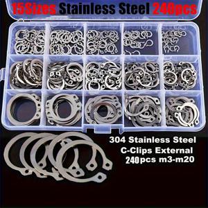 TEMU 15종 C-클램프 외부 고정 링 키트 240개 세트, 304 스테인리스 스틸 코일 샤프트 분류 세트, M3-M20 세트, 자동차용 C 클립, C 클립 M6, 고정 링, 서클립, 아이렛, 조인트 토키, 고리, 오링