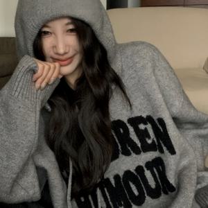 TEMU 여성용 오버사이즈 후드 스웨터 - 오버사이즈 H라인 겨울 스웨터, 한국어 텍스트 레터 프린트, 소프트 그레이 풀오버 후디, 캐주얼, 출퇴근, 데이트용, 세탁기 사용 가능한 가을/겨울 스웨터 코트