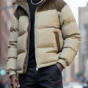 TEMU 남성용 헤비웨이트 겨울 후드 재킷 - 지퍼 포켓이 있는 보온 차가운 날씨 코트, 브라운 컬러 블록 디자인, 일상복 및 포멀 웨어를 위한 세탁기 사용 가능한 폴리에스터 겉옷, 겨울 재킷, 캐주얼 겉옷, 내구성 좋은 겉옷