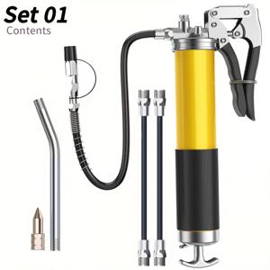 TEMU 8000 PSI 고강도 그리스 건 키트 - 자동차 및 산업용 윤활을 위한 14 온스 스테인레스 스틸 바렐, 18인치 유연한 호스, 2개의 커플러, 2개의 연장된 하드 파이프, 노즐 및 6개의 턱 부착물이 포함되어 있습니다.