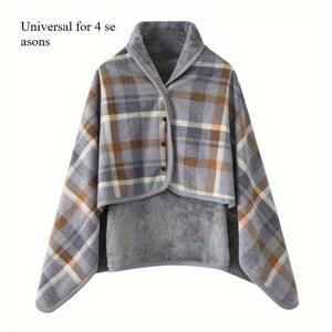 TEMU 4계절용 범용 웨어러블 블랭킷 숄 - 이중 레이어 두꺼운 체크 패턴, 레트로 스타일, 사계절용 다용도 아웃도어, 사무실 & 캐주얼 사용, 손세탁만 가능, 혼합 색상, 오피스 웨어러블 블랭킷, 다용도 패션 액세서리, 튼튼한 원단|빈티지|옷