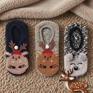 TEMU 3켤레 여성용 크리스마스 사슴 슬리퍼 - 두꺼운 겨울 따뜻함, 귀여운 사슴 & 산타 모자 디자인, 부드러운 플러시 & 튼튼한 원단, 세탁기 사용 가능, 집, 요가 또는 아늑한 라운지에 완벽한 휴일 선물, 크리스마스 슬리퍼, 축제 분위기 신발