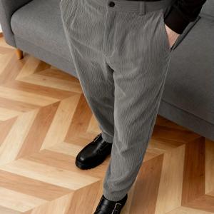 TEMU 남성용 코듀로이 팬츠 - 다크 그레이 편안한 핏 드레스 바지, 탄성 허리밴드 & 버튼 클로저, 코듀로이 질감 (벨트 루프 없음), 캐주얼 & 포멀 웨어, 세탁기 사용 가능, 봄/가을 바지 (코듀로이 수트 스타일)