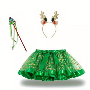 TEMU 3pcs '마르디 그라 & 크리스마스 코스튬 세트 - 반짝이는 러플 스커트와 순록 뿔 머리띠 & 마법 지팡이, 골든 글리터 드레스업, 파티, 역할극용 (귀여운 엘프/마녀 액세서리)