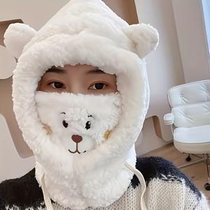 TEMU 코지 베어 모자 - 부드럽고 따뜻한 겨울 모자, 드로스트링 잠금, 귀여운 곰 얼굴 디자인, 가볍고 따뜻하여 야외 및 일상 사용에 적합, 할로윈 및 가을/겨울 활동에 완벽, 곰 모자, 할로윈 액세서리, 장난기 넘치는 디자인