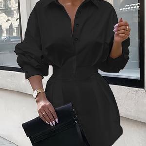 TEMU 솔리드 플리츠 슬림 심플 블라우스, 봄과 가을에 다용도로 입을 수 있는 롱 슬리브 블라우스, 여성 의류