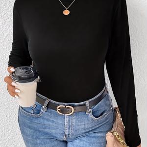 TEMU 플러스 사이즈 단색 컬러 터틀넥 티셔츠, 우아한 긴팔 상의 봄 & 가을, 여성 플러스 사이즈 의류