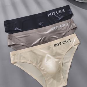 TEMU 남성용 아이스 실키 섬유 로우라이즈 통기성 속옷 3팩 - 보이 시치 글자 반투명 삼각형 팬티, 블랙/네이비/베이지, 체육관 및 캐주얼 착용, 무봉제, 스타일리시한 글자 디자인, 편안한 핏