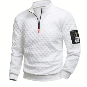 TEMU 남성용 경량 폴리에스터 지퍼업 후드티, 체크 무늬 & 스탠드 칼라 - 봄/가을 캐주얼 풀오버, 레귤러 핏, 긴소매, 앞면 포켓, 흰색 바탕에 검은색 포인트, 봄 아우터, 모던 캐주얼웨어, 튼튼한 원단