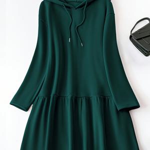 TEMU 플러스 사이즈 - 플러스 사이즈 - 여성용 우아한 후드 스웨트셔츠 드레스 - 긴소매, 러플 헴, 솔리드 그린, 캐주얼 가을/겨울 웨어, 편안하고 스타일리시, 캐주얼 웨어 드레스 | 러플 헴 드레스 | 신축성 있는 원단 드레스