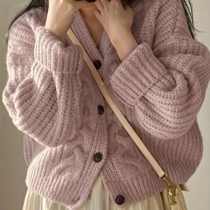 TEMU 랜턴 슬리브 시크 가을 레이지 스타일 V넥 퍼프 슬리브 니트 루즈 가디건 스웨터 코트 여성용