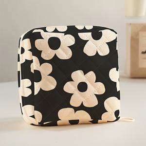 TEMU 작은 꽃무늬 프린트 그리드 휴대용 대용량 생리대 보관 가방, 헤드폰 및 소품 수납 가능 지퍼형 여성용 제품 정리 파우치