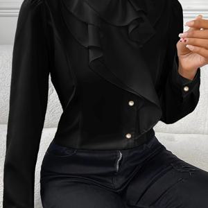 TEMU 러플 장식 버튼 프런트 블라우스, 우아한 모크넥 롱슬리브 블라우스, 봄 & 가을 여성 의류