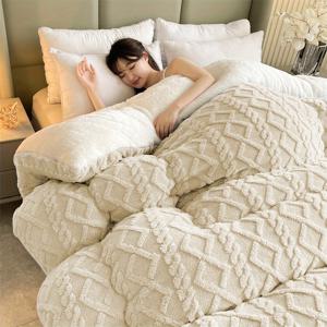 TEMU LARMPAT 매우 두꺼운 사계절용 헤비웨이트 침대 커버 - 기하학적 패턴의 플러시 플리스 담요, 소프트 베이지 & 화이트 침구, 침실, 호텔, 게스트룸용|이불|빈티지