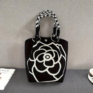 TEMU 2025 신상 빈티지 플로럴 니트 토트백 - 버클 클로저, 내구성 폴리에스터, 고정 숄더 스트랩 디자인의 빈티지 멜란지 핸드백, 업무, 출퇴근, 여가 활동에 적합