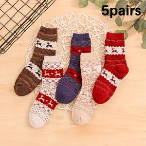 TEMU 크리스마스 스타킹 5켤레 - 두꺼운 따뜻한 양말, 기계 세탁 가능 - 레드, 베이지, 브라운, 네이비 블루 - 크리스마스, 크리스마스 파티, 선물용 - 축제 양말, 크리스마스 양말, 파티 액세서리, 계절 신발, 편안한 소재, 휴일 쇼퍼, 크리스마스 장식, 동물 프린트, 내구성 있는 소재, 크리스마스 쇼퍼