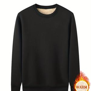 TEMU 남성용 아늑한 플리스 안감 스웨트셔츠 - 따뜻하고 신축성 있는 폴리에스터 크루넥 가을 & 겨울용 | 부드럽고 편안한 라운드 넥 & 긴 소매 풀오버 | 캐주얼 착용, 추운 날씨 의류에 완벽 | 다용도 풀오버 | 신축성 있는 원단