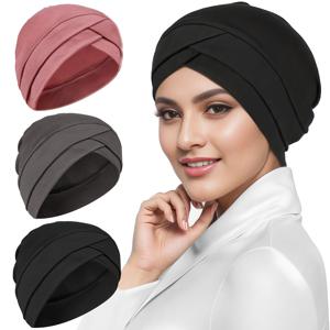 TEMU 3팩 터번 여성용 더블 레이어 크로스 브림 편안한 헤드스카프 화학 요법 모자 임산부 모자