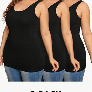 TEMU 플러스 사이즈 단색 슬림 탱크 탑 3 팩, 여름 & 봄용 우아한 민소매 크루 넥 탑, 여성용 플러스 사이즈 의류