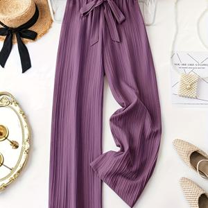 TEMU 여성용 우아한 솔리드 컬러 텍스처드 허리 와이드 레그 팬츠 - 기계 세탁 가능 사계절 편안함, 중동 스타일 캐주얼 및 정장용 디자인