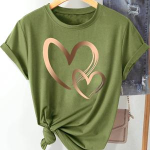 TEMU 여성용 캐주얼 반팔 티셔츠 - 더블 하트 프린트 레트로 스타일, 부드러운 스트레치 원단, 라운드넥, 세탁기 사용 가능, 사계절 편안함, 다양한 컬러 S-XXL 사이즈, 귀여운 그래픽 티셔츠, 일상복